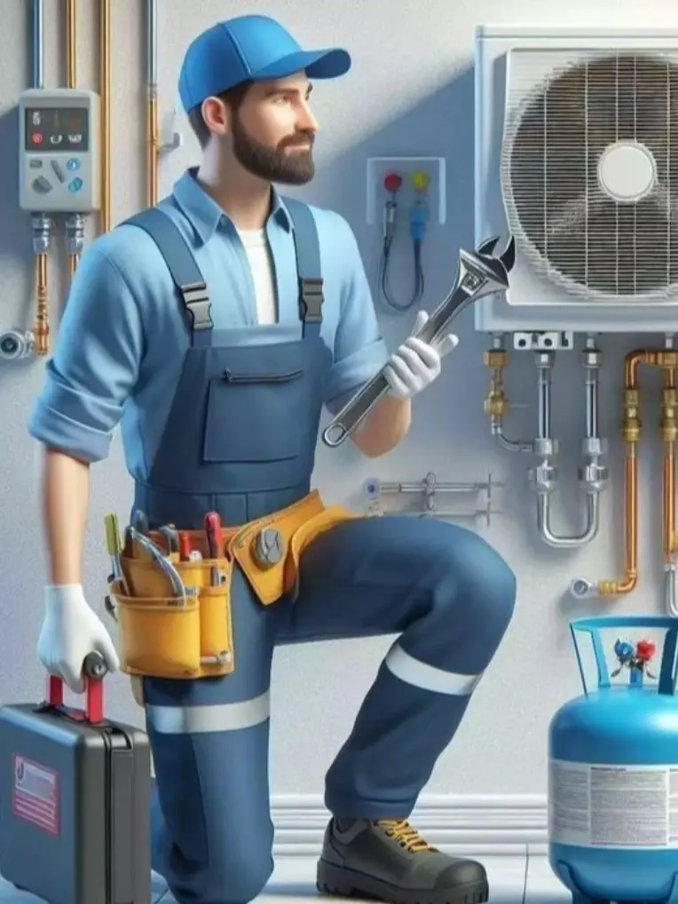 Illustrazione di un tecnico accanto a un climatizzatore